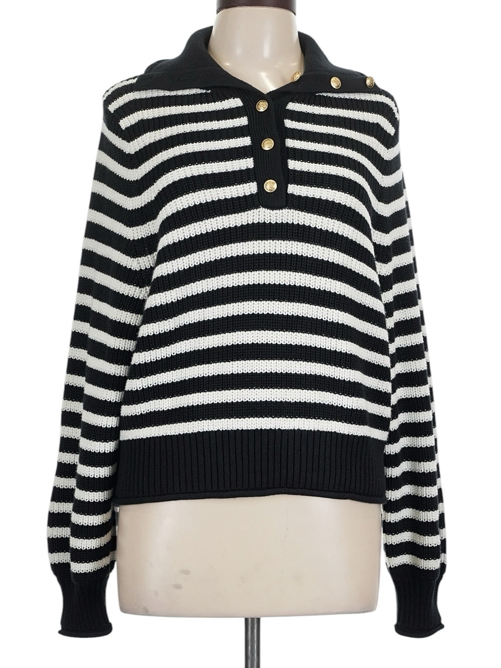 J. Crew Ribbed Cotton Button Collar Sweater Black White Stripe L Gold Buttons
